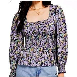 Inc International Concepts Cotton Smocked Puff-Sleeve Top Athena Floral NAVY XL